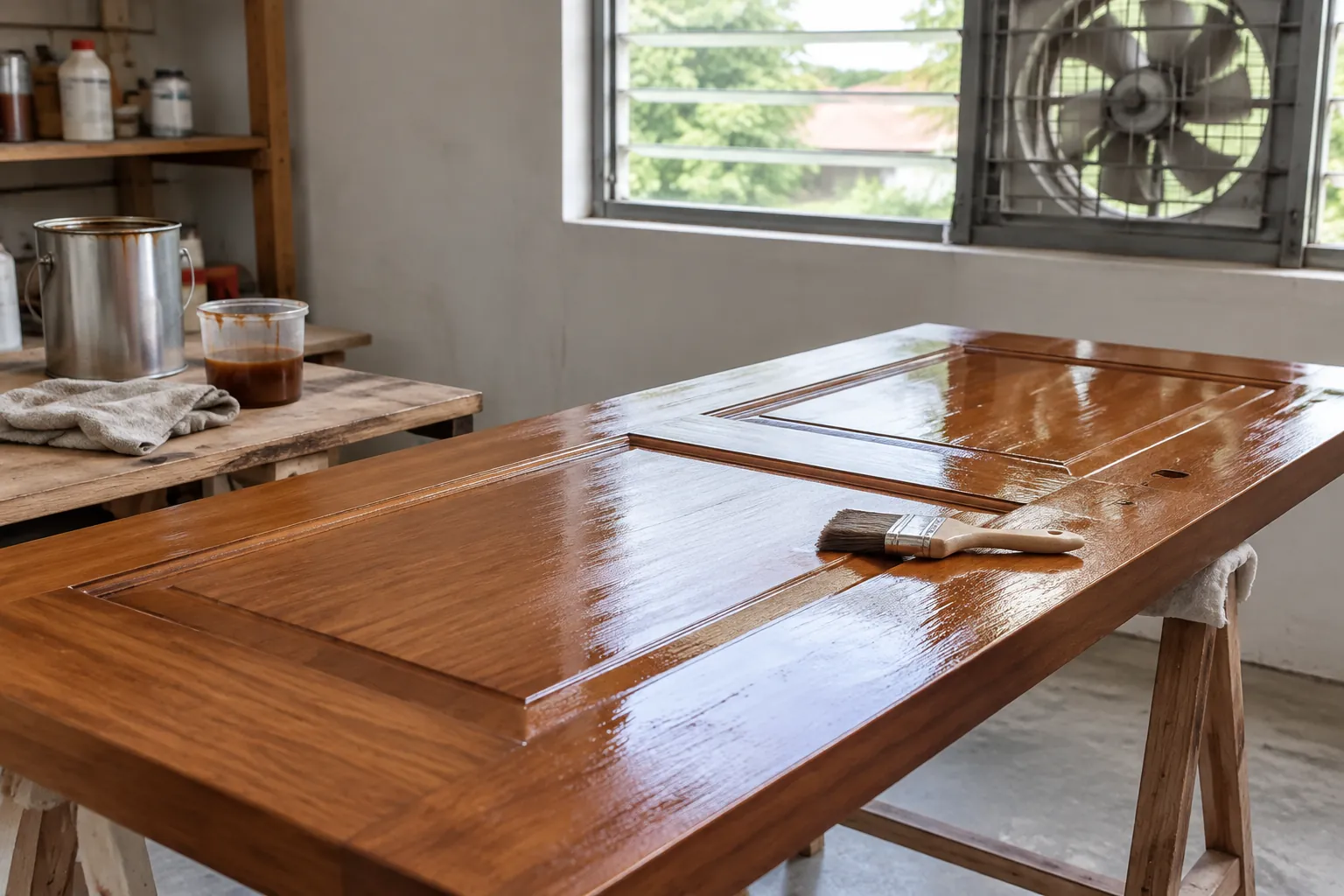 Pintu kayu yang dilapisi finishing dekat kipas dan jendela