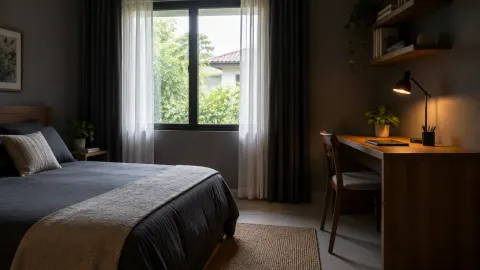 Kamar dengan meja kerja, jendela, dan lampu meja menyala
