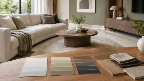 Kartu sampel warna di meja ruang tamu dengan sofa krem