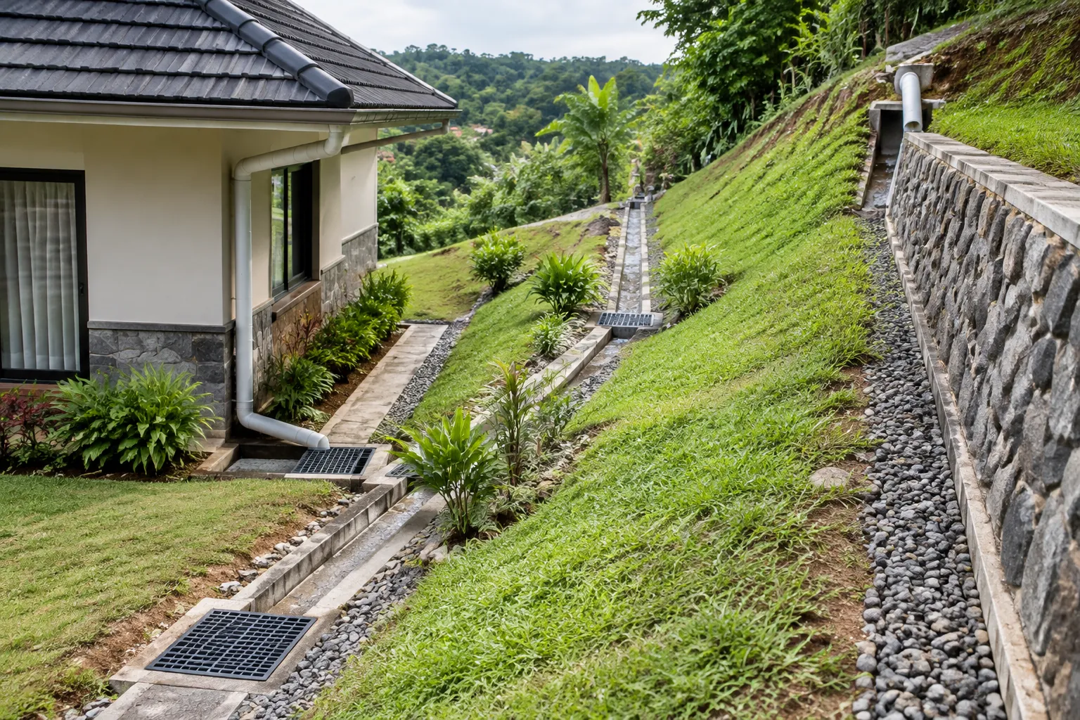 Lereng rumah memiliki beberapa jalur saluran terpisah