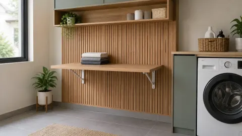 Panel dinding kayu dengan rak dan meja lipat di ruang cuci