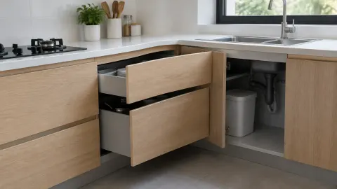 Laci kabinet dapur terbuka di samping wastafel
