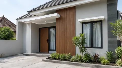 Fasad rumah sederhana dengan panel kayu, dinding terang, dan taman