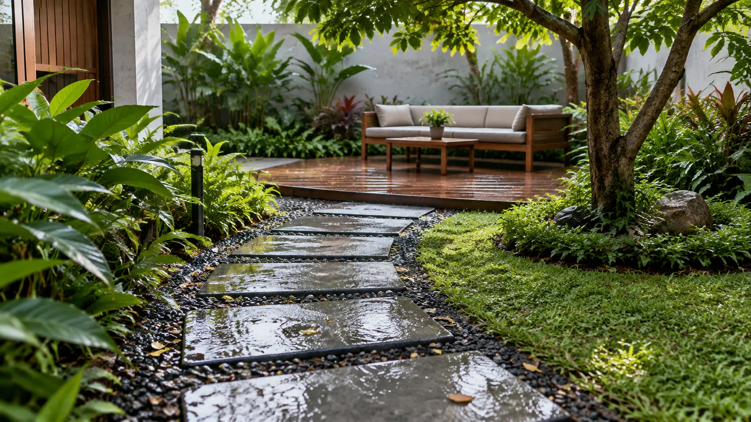 Jalur taman basah setelah hujan di antara tanaman