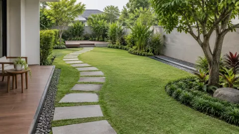 Taman rumah dengan jalur pijakan melengkung di antara rumput dan tanaman