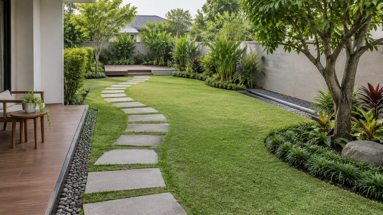 Taman rumah dengan jalur pijakan melengkung di antara rumput dan tanaman