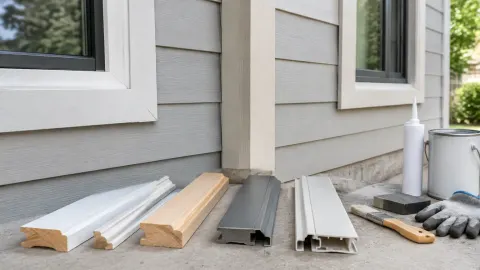 Sampel profil trim luar di depan dinding rumah