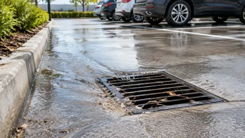 Air di area parkir mengalir menuju kisi drainase