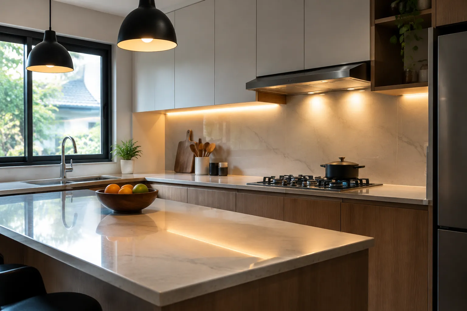 Meja tengah dapur dengan lampu gantung dan penerangan pada area memasak