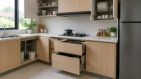 Kabinet kitchen set terbuka di bawah meja dapur
