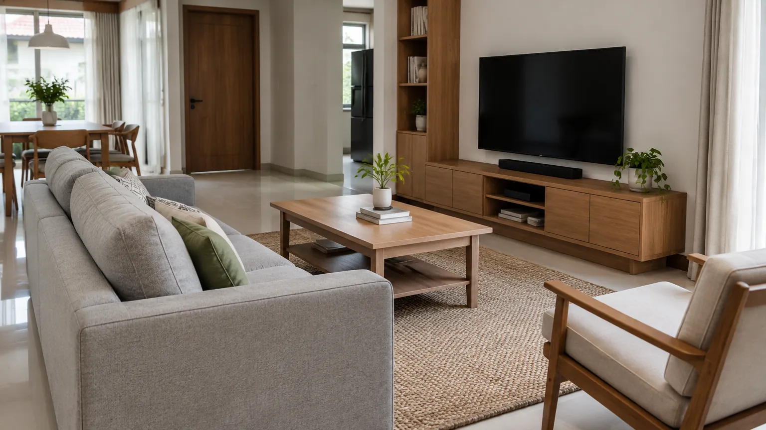 Ruang keluarga dengan sofa menghadap televisi dan kursi tambahan