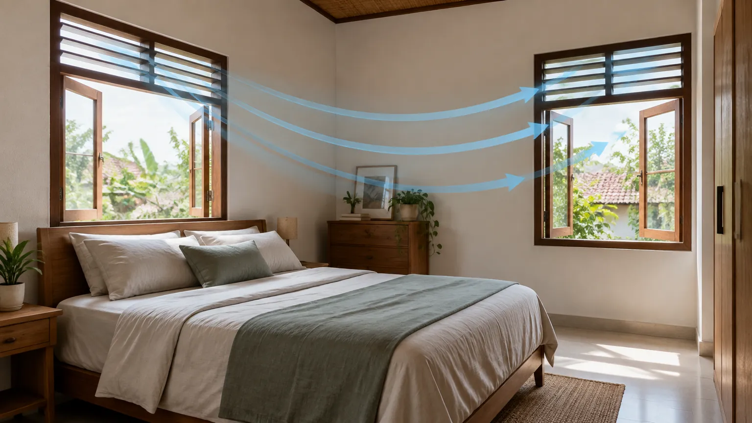 Kamar tidur dengan dua jendela terbuka pada sisi berbeda