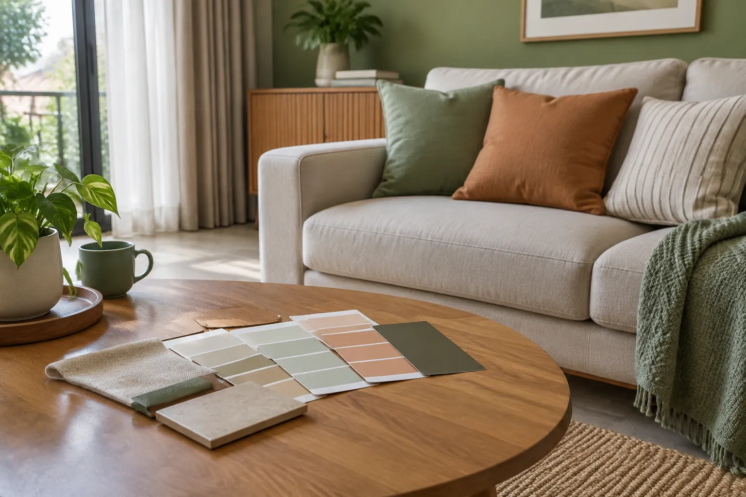 Bantal warna hijau dan jingga di sofa dengan sampel warna di meja
