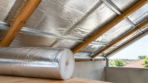 Lembaran insulasi berlapis aluminium di bawah rangka atap