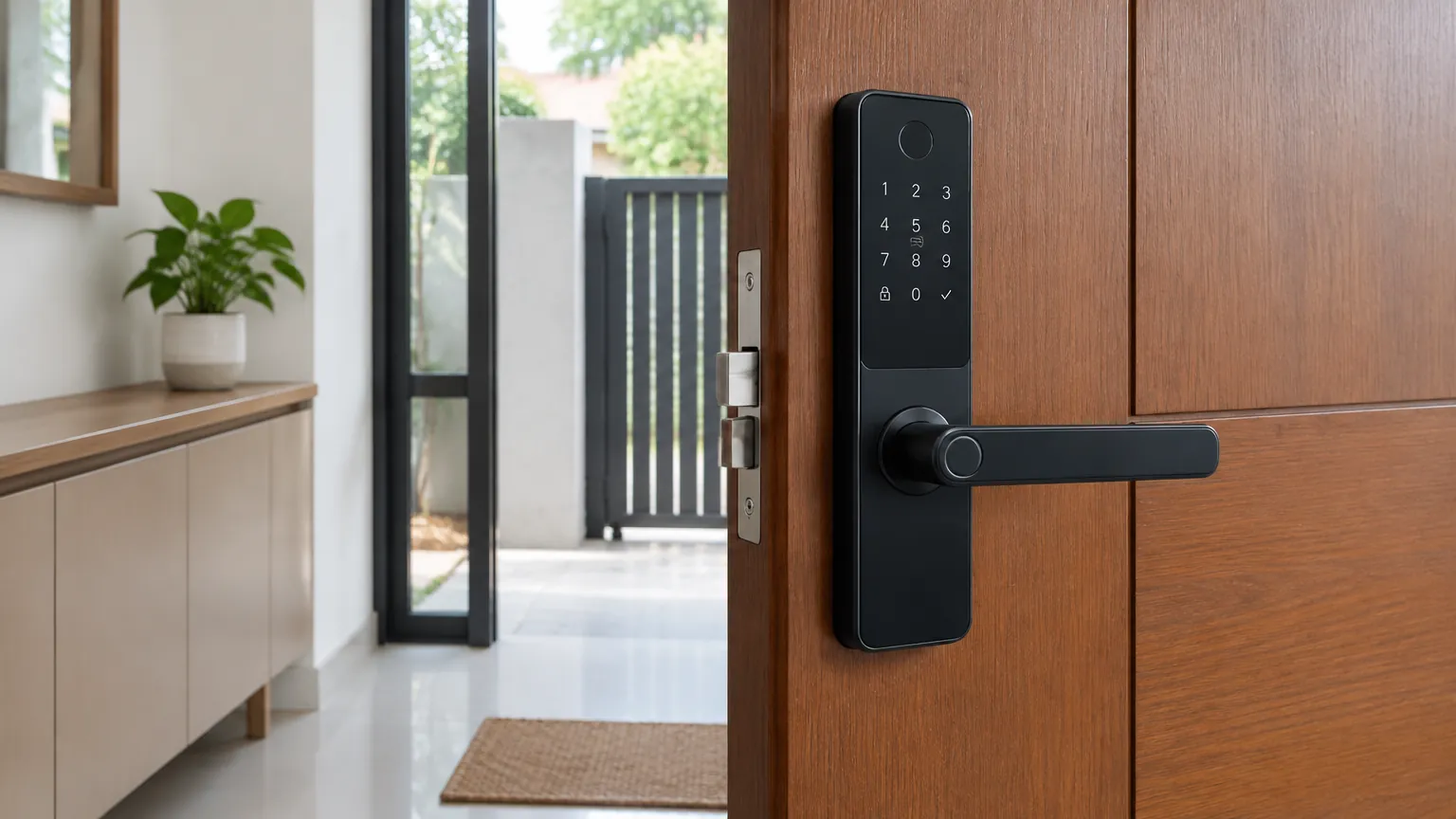 Kunci elektronik pada pintu masuk kayu