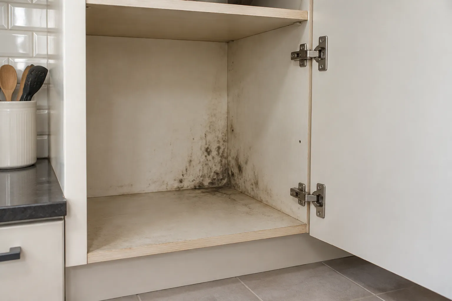 Bercak pada sudut dalam kabinet dapur