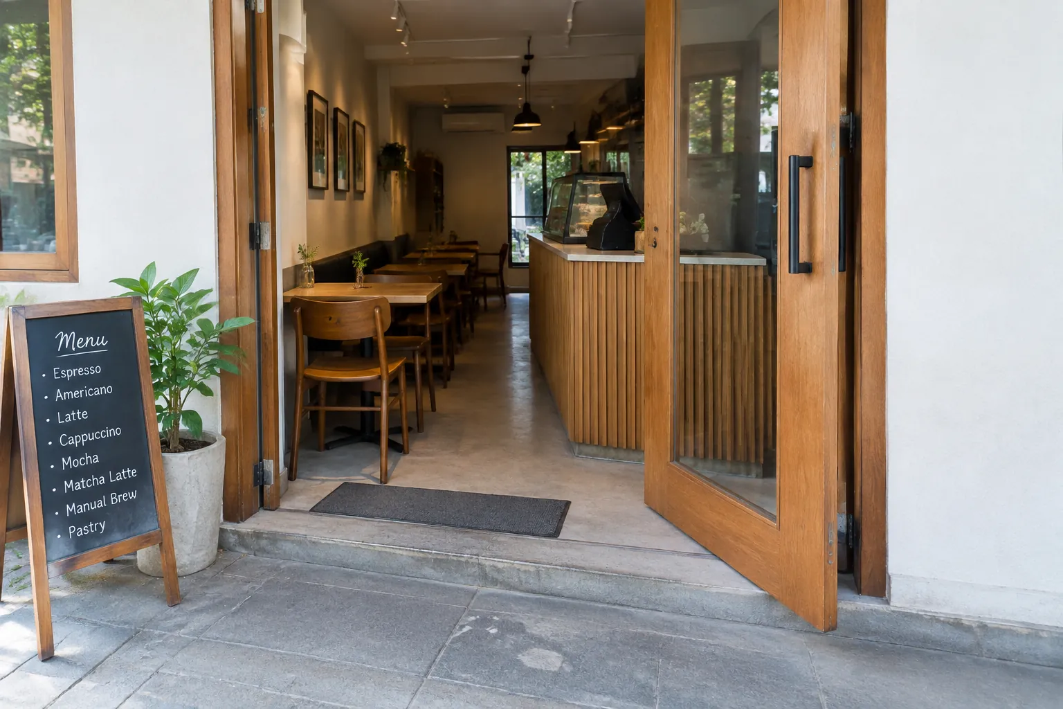 Pintu terbuka dan papan menu di depan kafe berukuran kecil