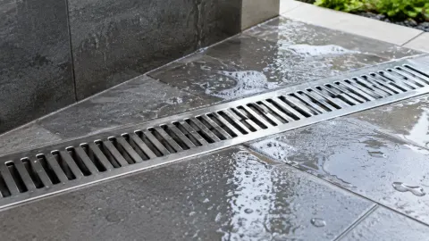 Air mengalir menuju kisi drainase linear pada lantai luar