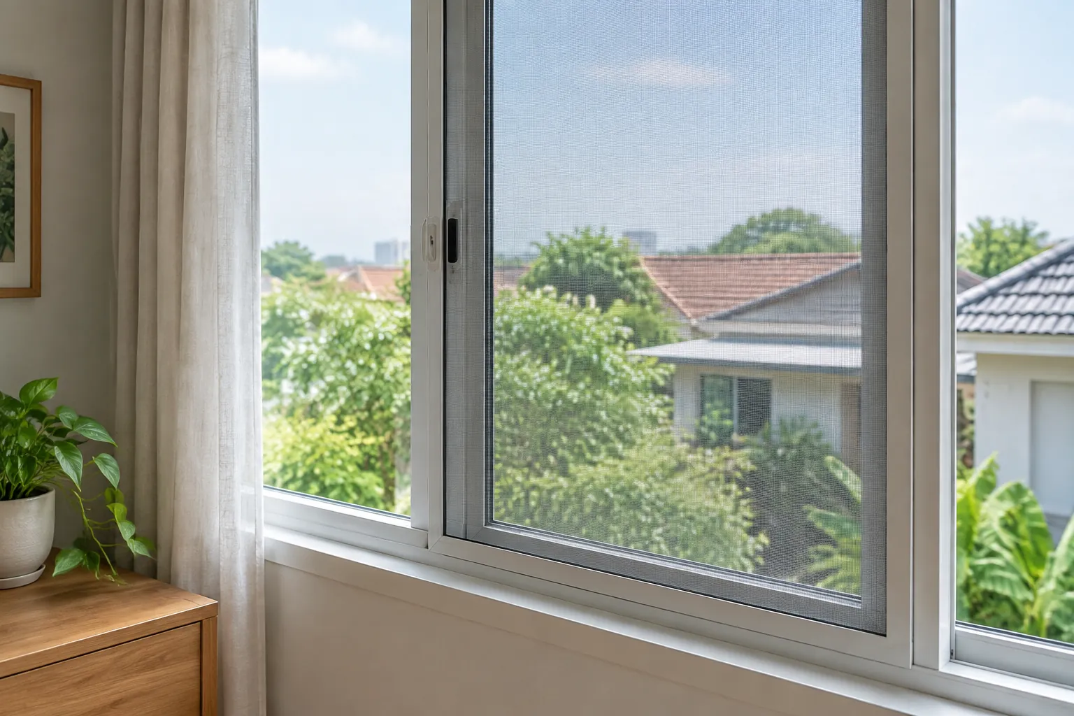Jaring kasa halus terlihat pada bidang jendela rumah
