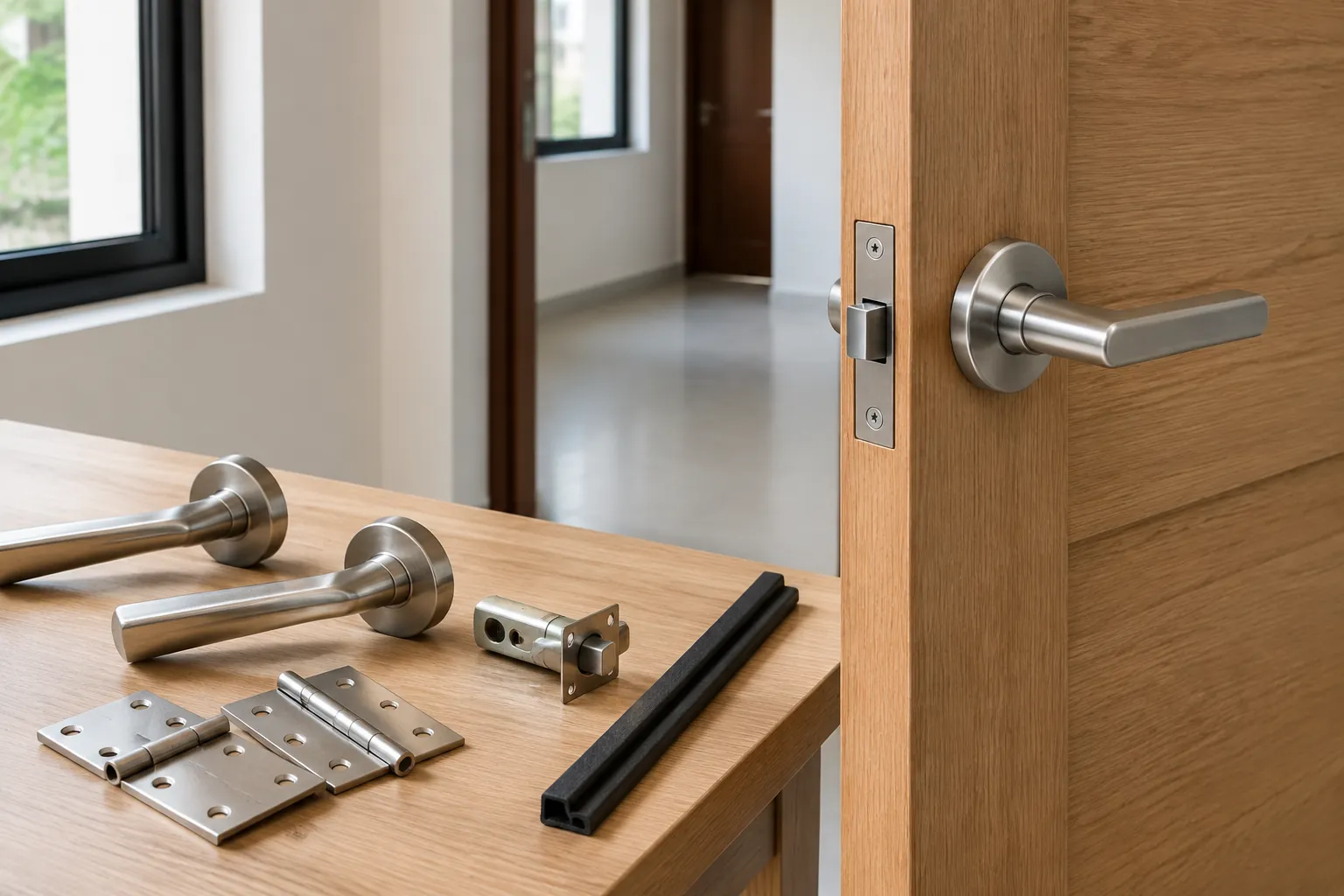 Contoh gagang dan engsel di depan pintu kayu