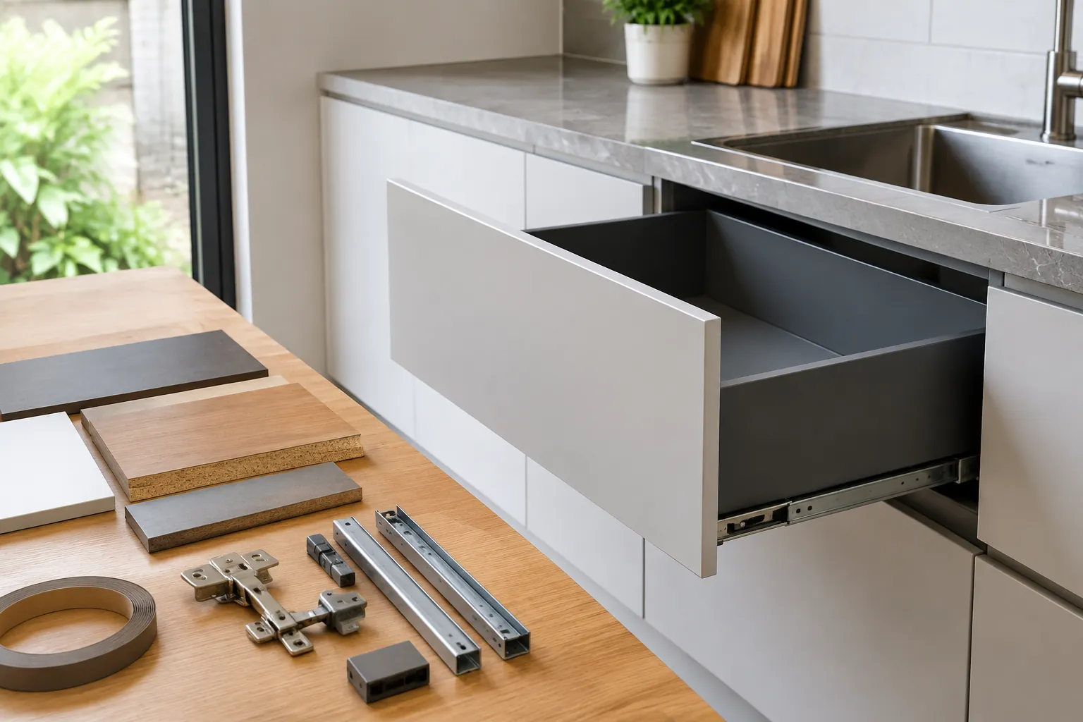 Contoh laci kabinet dan perangkat rel di atas meja
