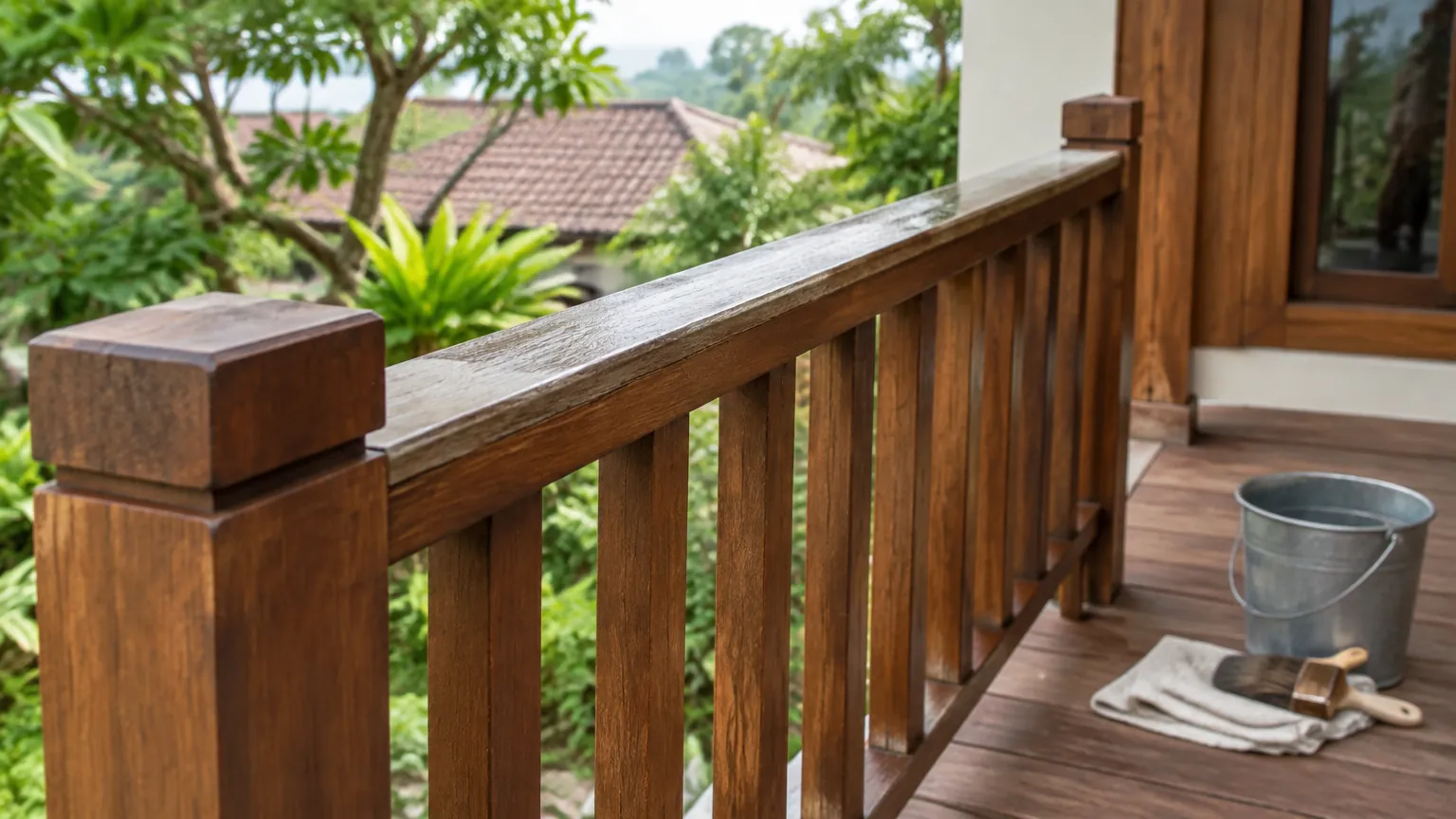 Pagar kayu pada balkon dengan ember perawatan