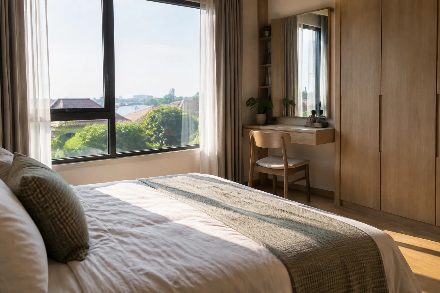 Cahaya siang masuk melalui jendela kamar tidur