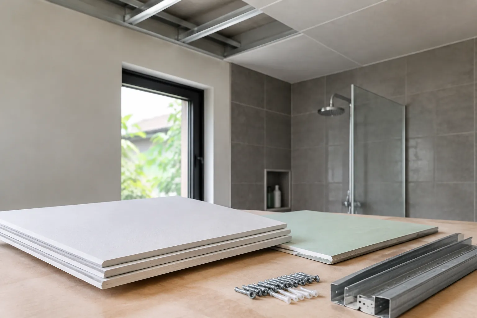 Sampel panel plafon di meja depan kamar mandi
