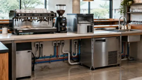 Mesin kopi dengan pipa dan instalasi di bawah meja bar