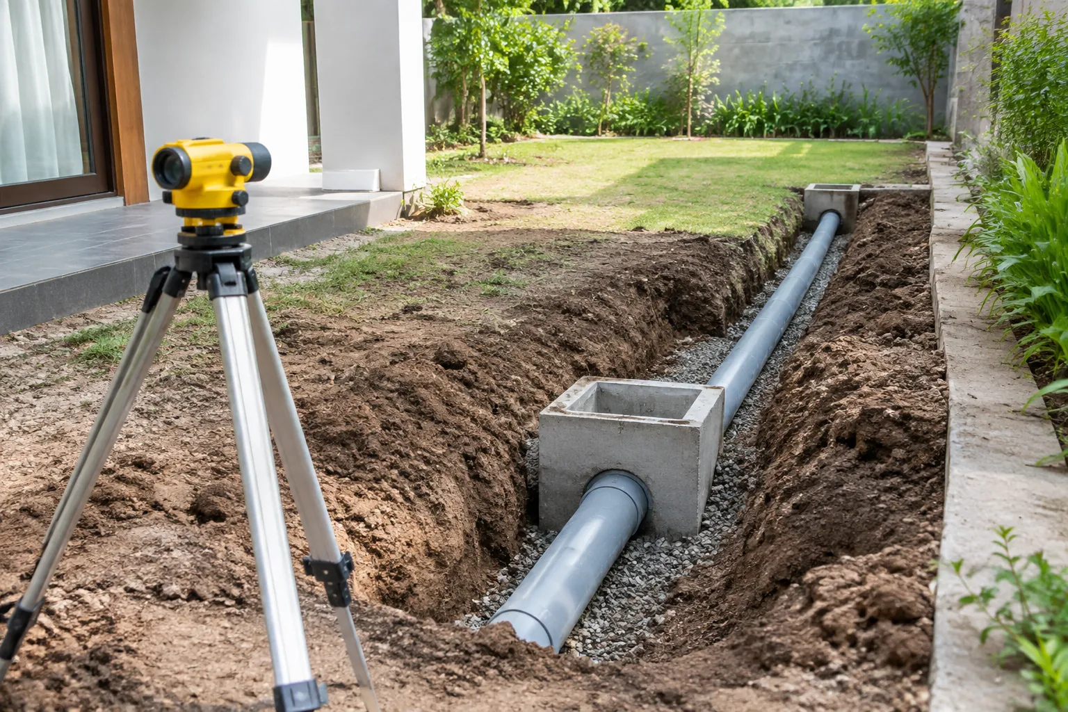 Alat ukur elevasi dipasang di samping galian pipa drainase