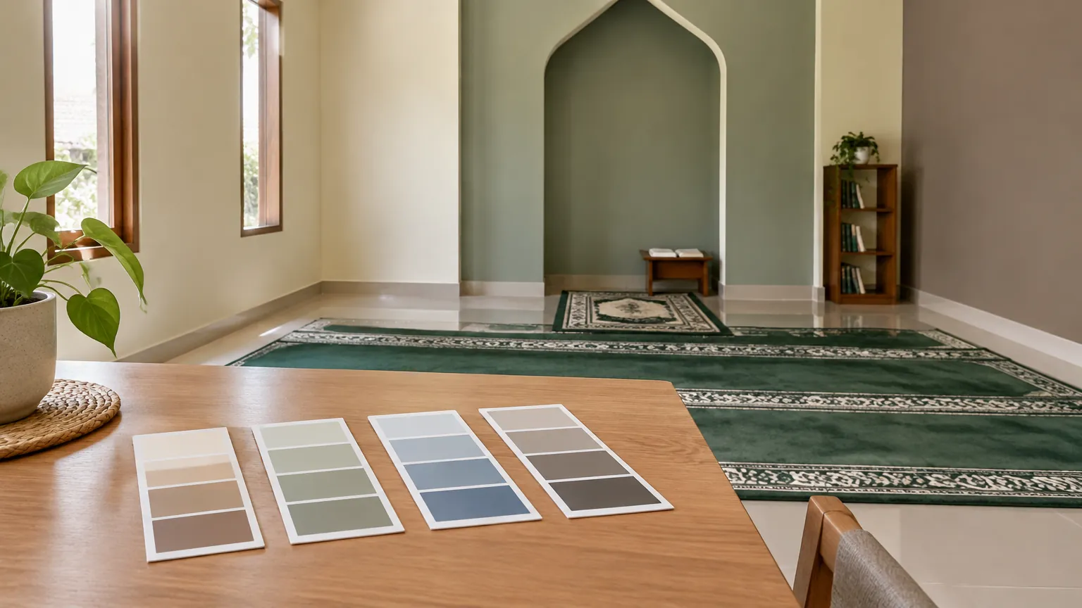 Contoh warna di depan mushola dengan dinding hijau lembut