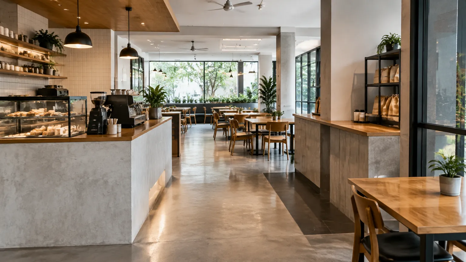 Ruang kafe dengan bar, meja, dan jalur masuk yang terbuka