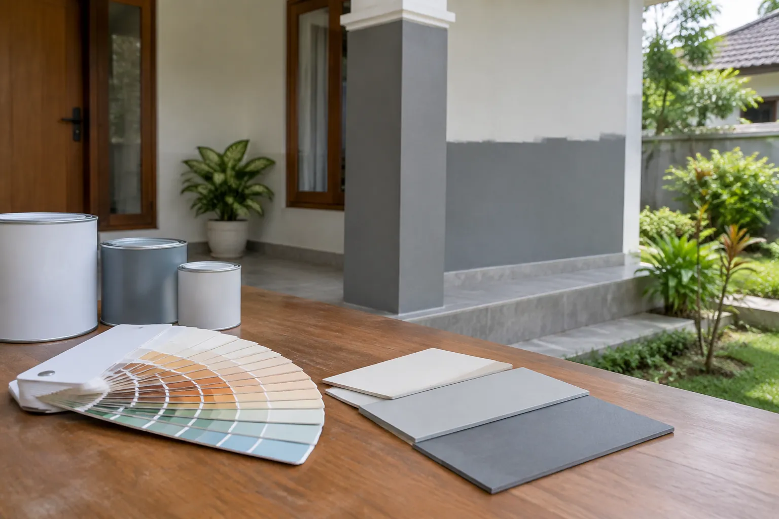 Contoh warna cat di meja dekat dinding teras