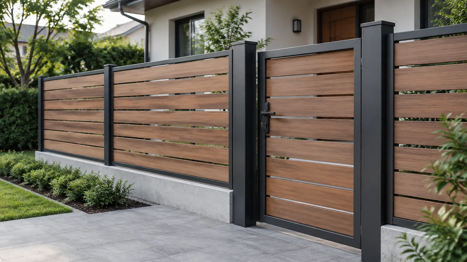 Pagar panel kayu dengan tiang logam abu-abu