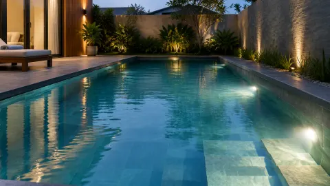 Kolam renang bercahaya biru pada malam hari