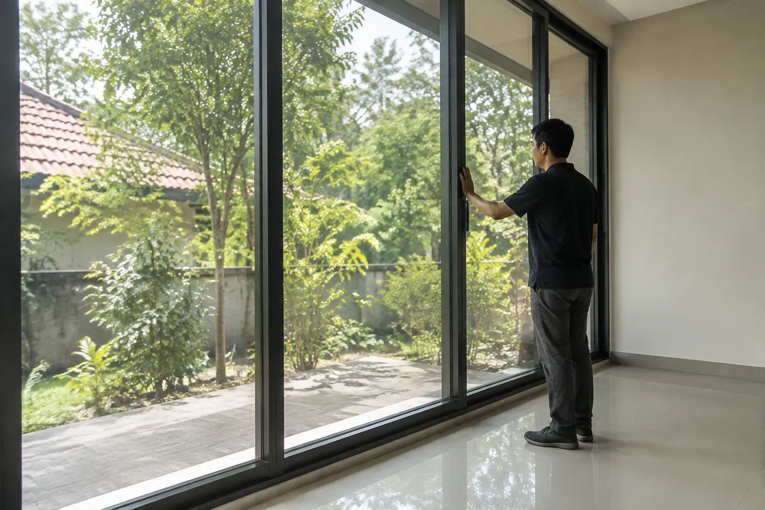 Seseorang memeriksa panel kaca dekat bukaan rumah