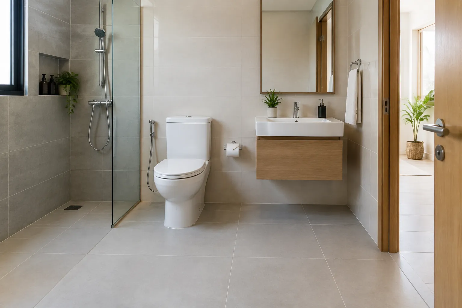 Jalur ruang di antara kloset, wastafel, dan pintu kamar mandi