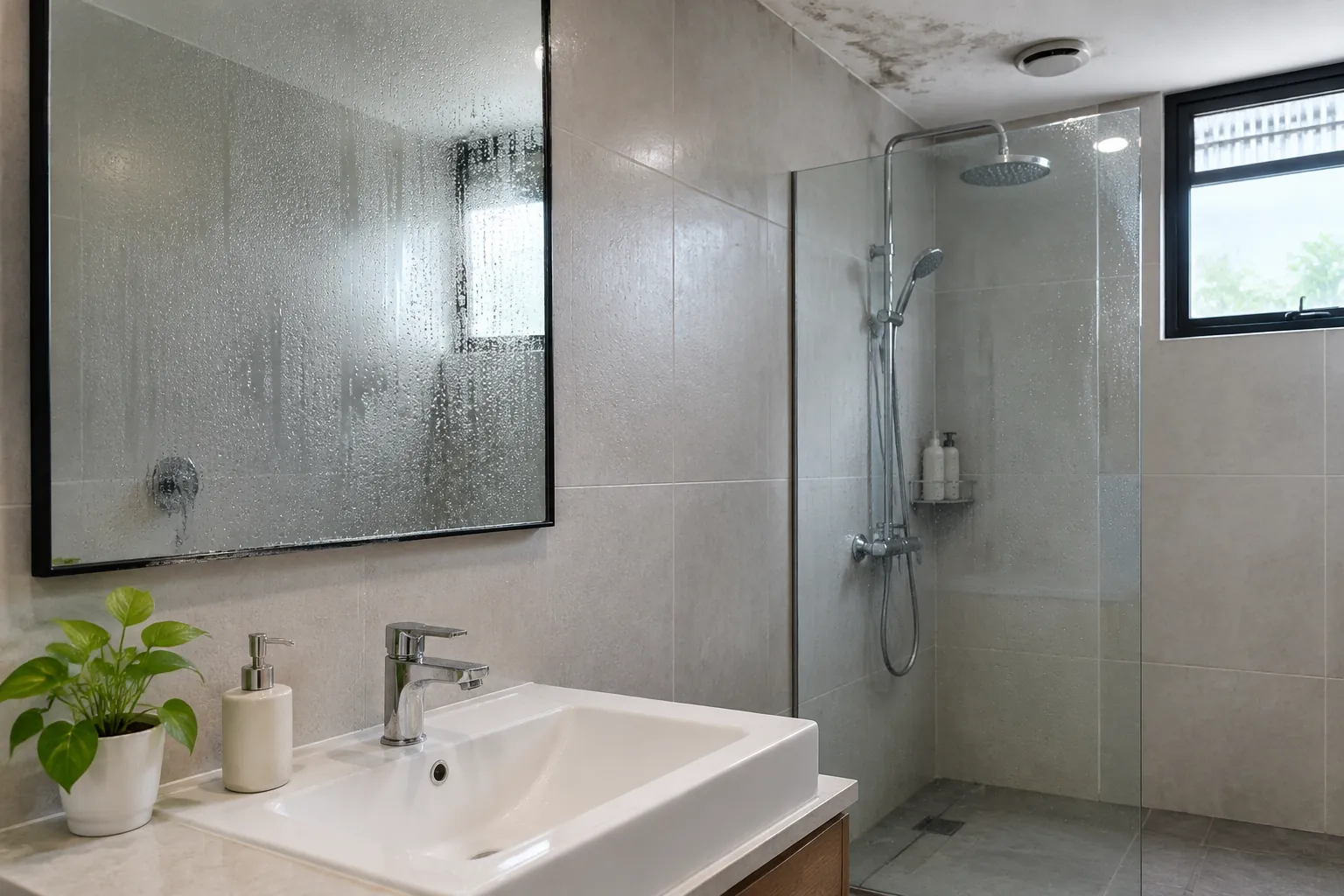 Kamar mandi dengan noda gelap pada dinding dan cermin
