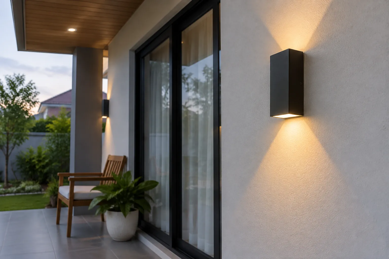 Lampu dinding menyala di samping pintu kaca teras