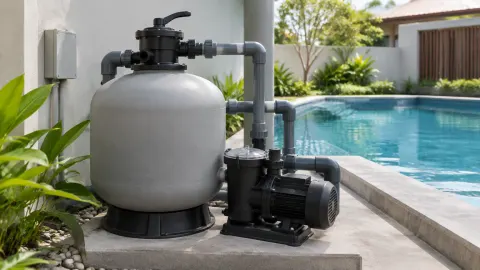 Pompa dan tabung filter terpasang pada area servis kolam