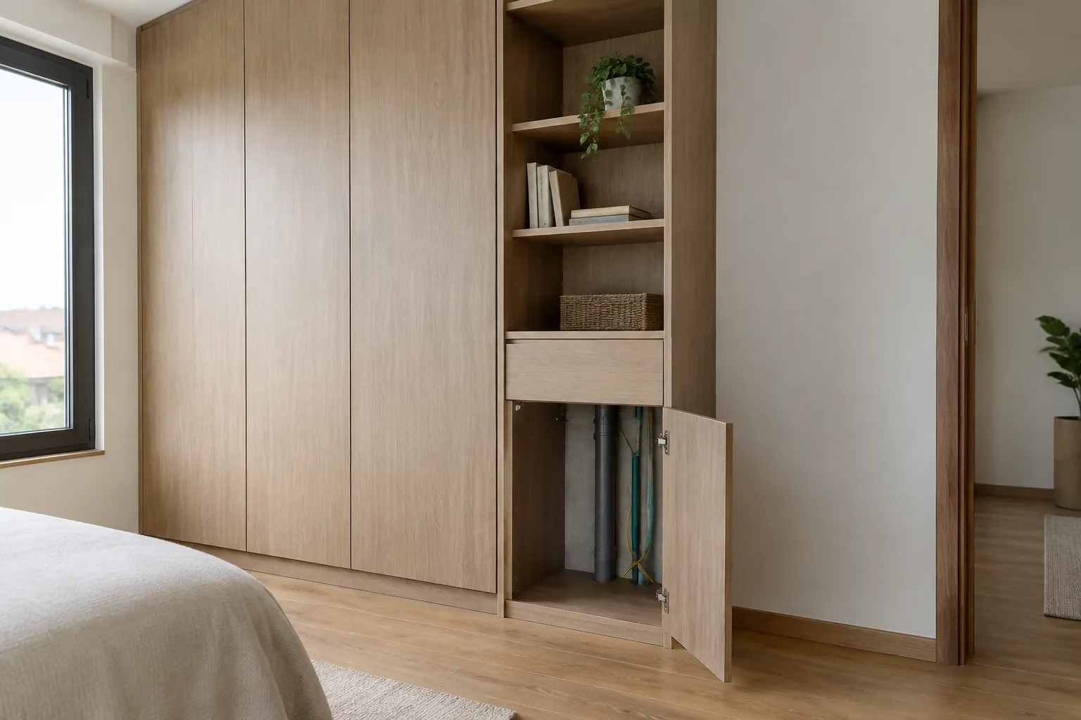 Kabinet built-in memperlihatkan rak dan panel akses yang terbuka