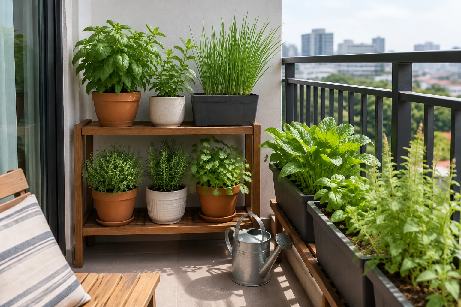 Rak tanaman dan pot herba di balkon