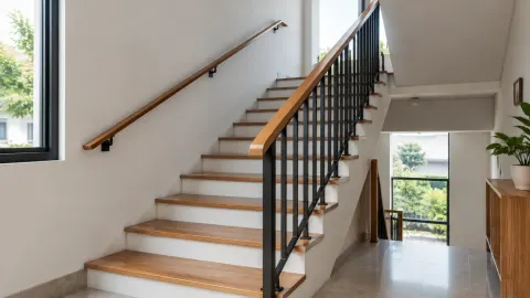 Tangga rumah dengan railing logam dan pegangan kayu