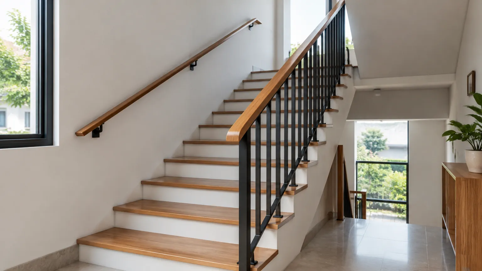 Tangga rumah dengan railing logam dan pegangan kayu