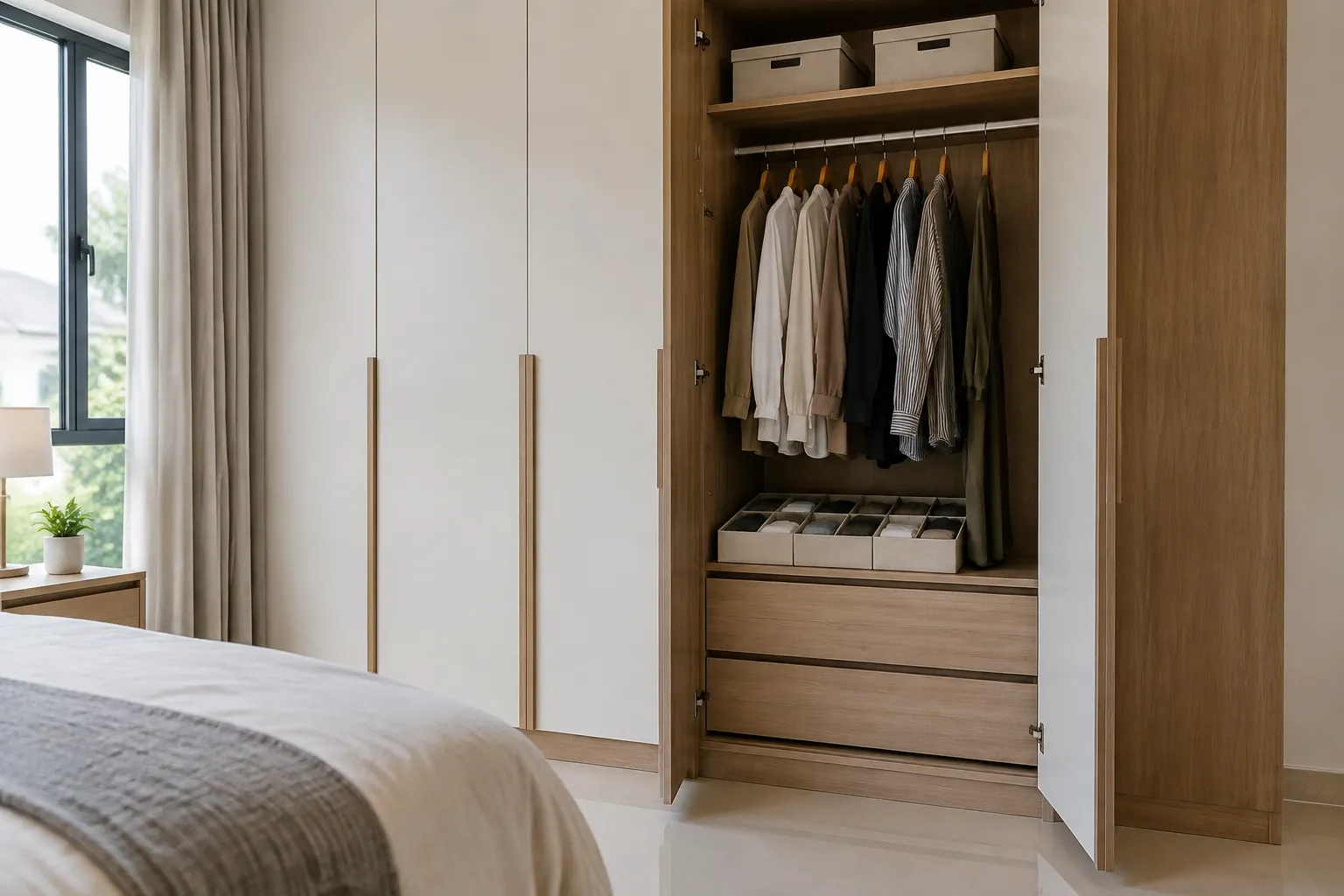 Lemari berpintu dan rak terbuka di kamar tidur