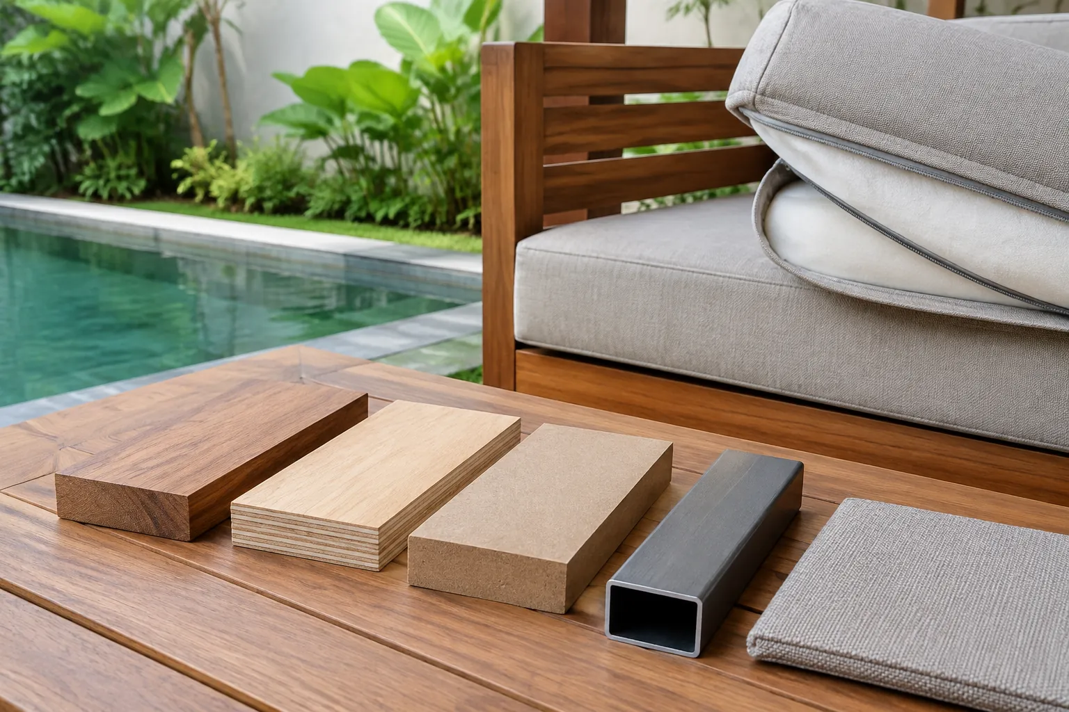 Sampel kayu, rangka logam, dan kain untuk furnitur taman
