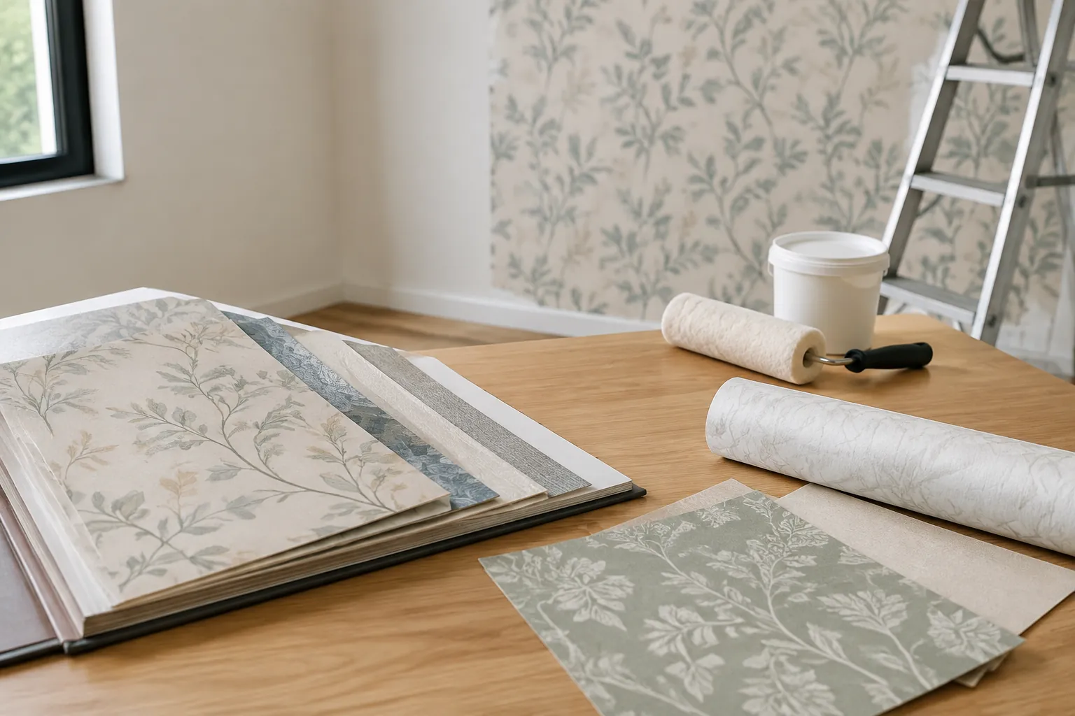Sampel wallpaper bermotif daun, gulungan, rol, dan wadah di atas meja