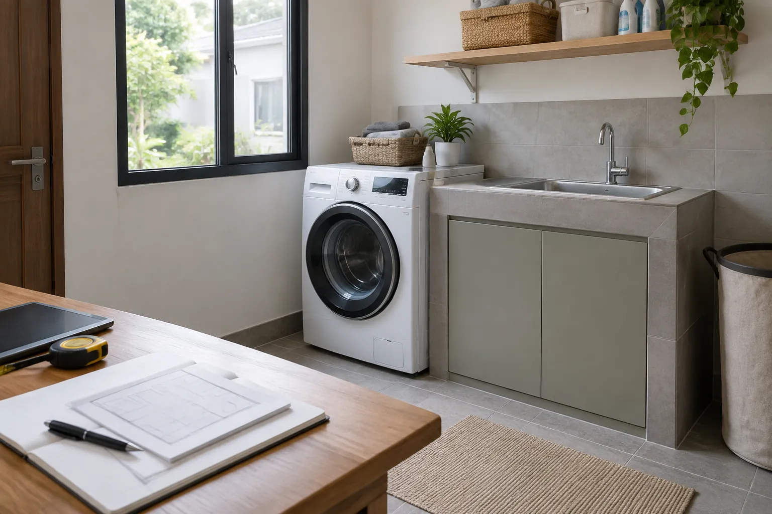 Ruang laundry dengan mesin cuci dan bak cuci