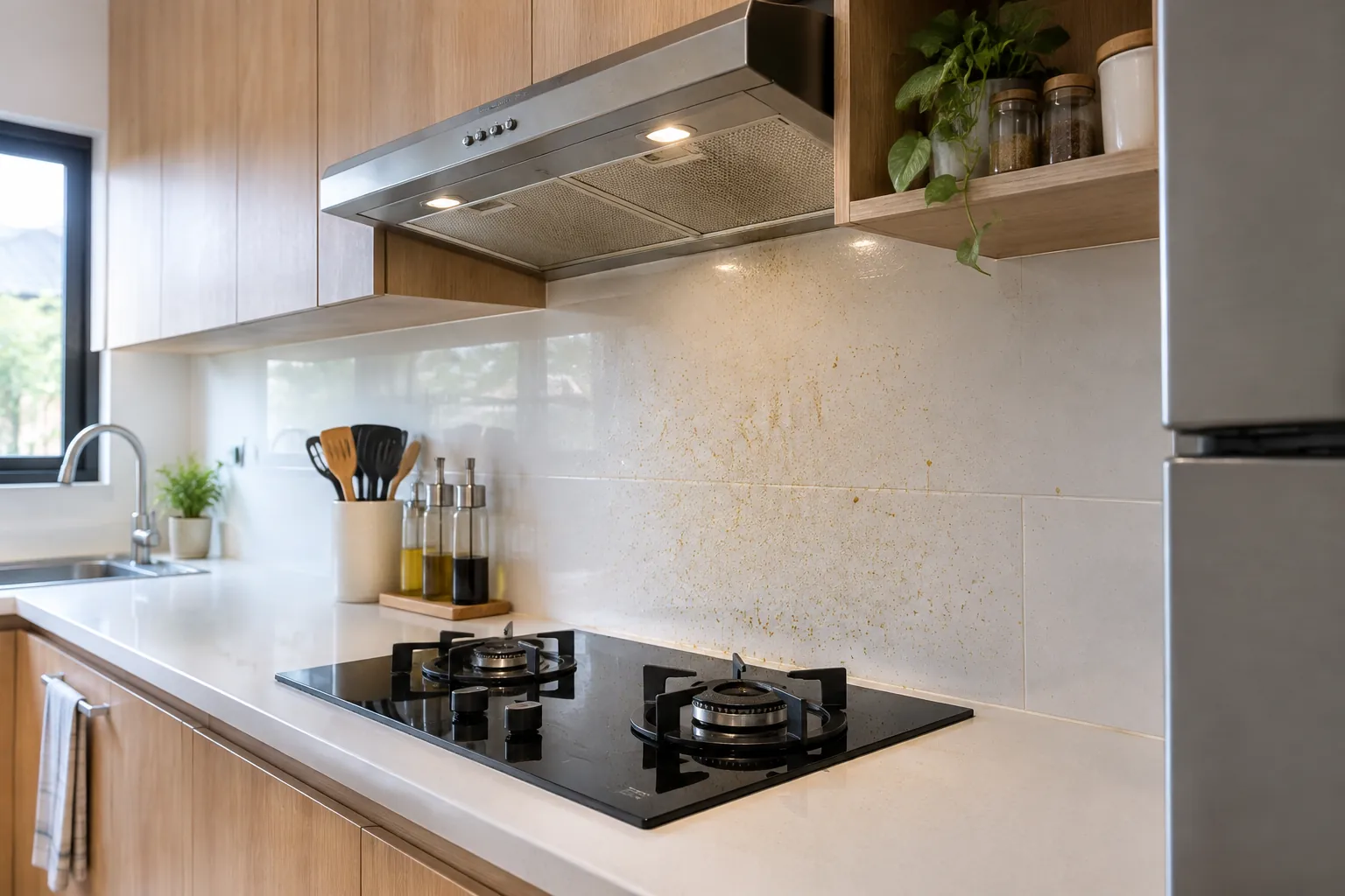 Permukaan kompor dan pengisap asap di dapur rumah