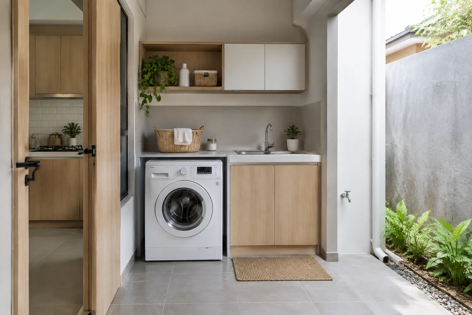 Ruang laundry kecil menggabungkan mesin cuci, bak, dan kabinet